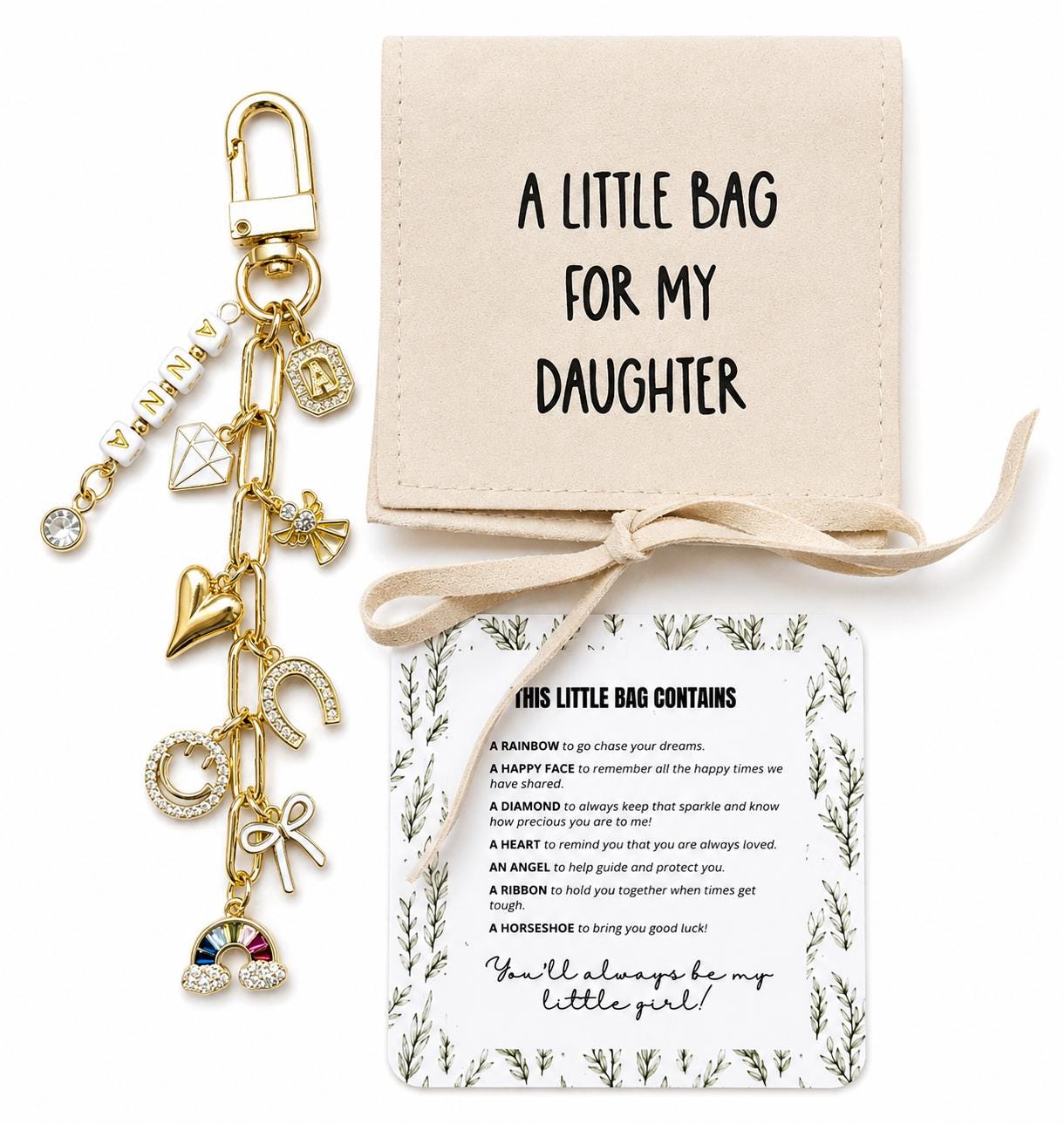 Gift for Daughter - 18k Gold Plated - Tarnish Free Bag Charm Keychain -Daughter Gift from Mom - Meaningful Daughter Keepsake