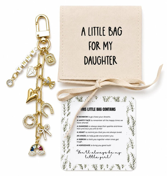 Gift for Daughter - 18k Gold Plated - Tarnish Free Bag Charm Keychain -Daughter Gift from Mom - Meaningful Daughter Keepsake